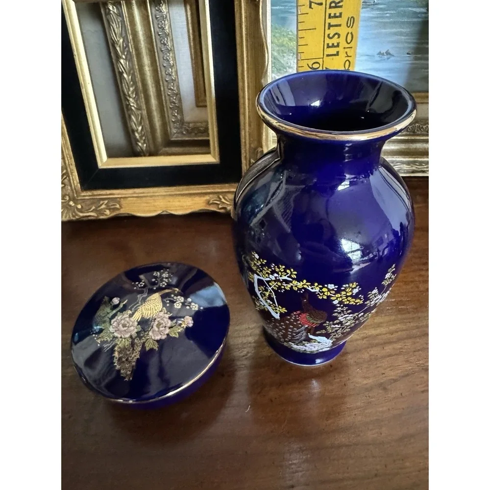 Vintage Japanese Cobalt Blue Peacock Porcelain Vase & Lidded‎ Trinket Box Set